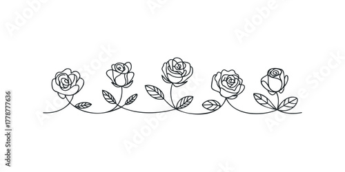Minimalist Line Drawing of Five Roses with Leaves