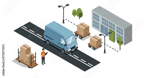 Isometric urban delivery scene with cargo van and worker
