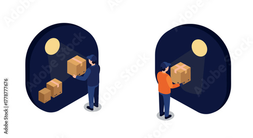 Isometric package delivery process with worker under spotlight