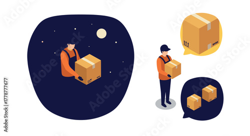 Isometric delivery worker holding parcel under night sky with speech bubbles
