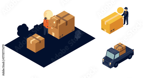 Isometric package delivery set with courier and truck in flat design
