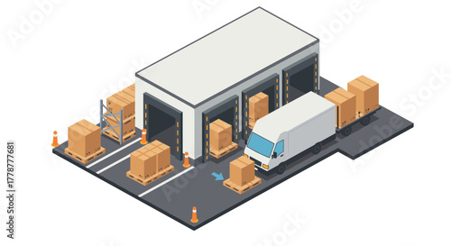 Isometric warehouse with delivery truck and shipping boxes modern logistics scene