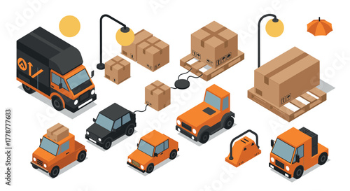 Isometric delivery vehicles and parcels set with trucks and boxes