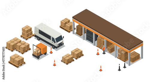 Isometric warehouse and logistics scene with delivery truck and cargo boxes