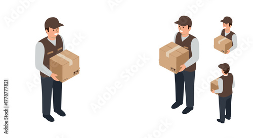 Isometric delivery person holding box in uniform on white background