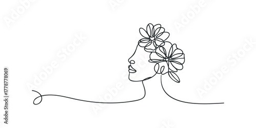 Profile of a woman adorned with flowers in minimalist line art style