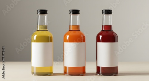 Three Colorful Bottles with Blank Labels on Neutral Background