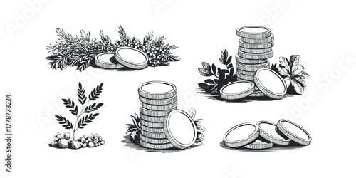 Stacks of Coins with Foliage and Seed Pods