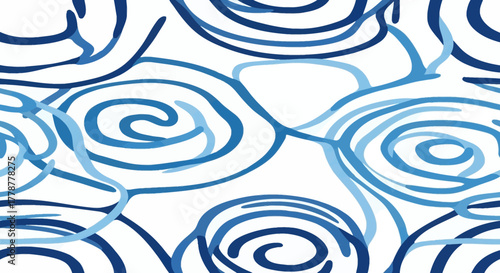 Blue spirals pattern a white background Bold and light blue curves intersect forming loops Simple abstract