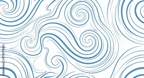 Blue swirls and lines create a dynamic flowing pattern against a white background