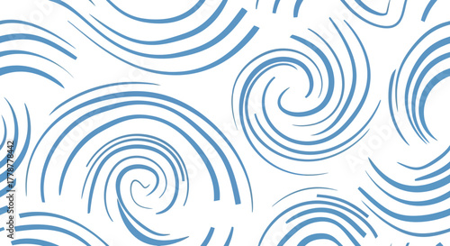 Blue swirls and arcs repeat on white creating a fluid dynamic pattern
