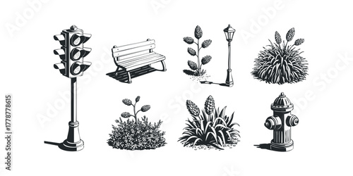 Black and white line drawings of urban outdoor elements