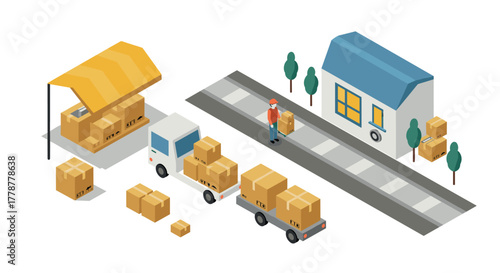 Isometric urban delivery scene with trucks and parcels on street