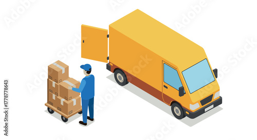 Delivery truck and worker loading boxes in isometric design