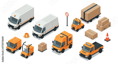 Isometric delivery and logistics vehicles and equipment set