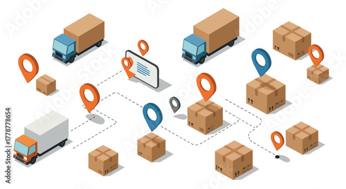 Isometric delivery network concept with trucks, packages, and location pins