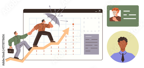 Two professionals climb an upward graph as one shields against obstacles, seen with profiles and charts. Ideal for teamwork, leadership, growth, challenges, strategy, progress, business success