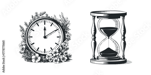 Clock face with flowers and hourglass illustration