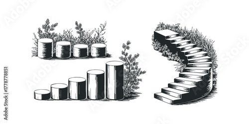 Stone Steps Ascending Through Foliage and Growth Chart Bars