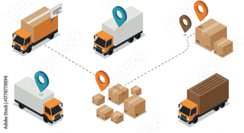 Logistics and delivery trucks in isometric style with navigation pins and packages