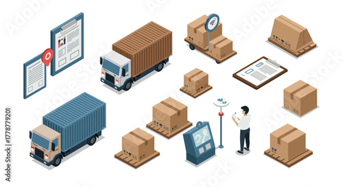 Isometric logistics and delivery icons with packages and trucks for ecommerce