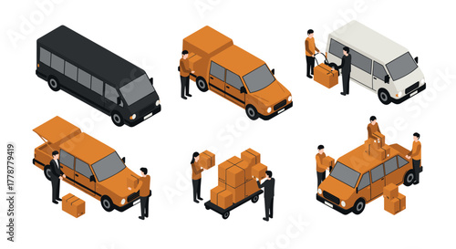 Isometric delivery service vehicles and workers with packages, vans, and accessories