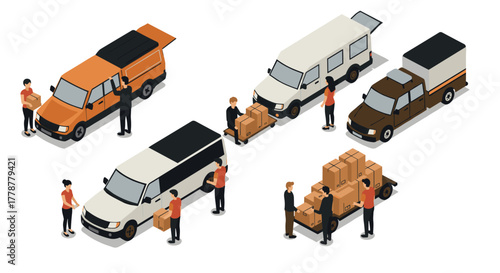 Isometric delivery and moving vans with workers handling packages