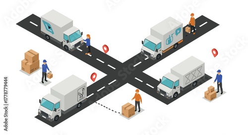 Isometric delivery network with trucks and workers on intersecting roads