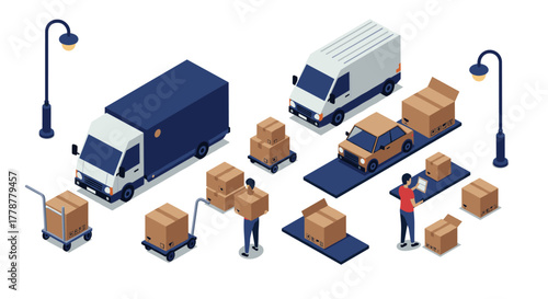 Isometric logistics and delivery process with trucks and boxes