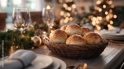 Freshly baked rolls in a basket on a festive dining table  