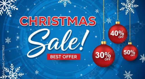 Christmas Sale Banner, Christmas Offer Template with Discount Tag, christmas offer sales banner 30% off, 40% off and 50% off, Christmas Sale Promo Banner. Holiday Background with Realistic Gift Box.