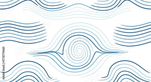 Blue wavy lines create a spiral center resembling water or air currents