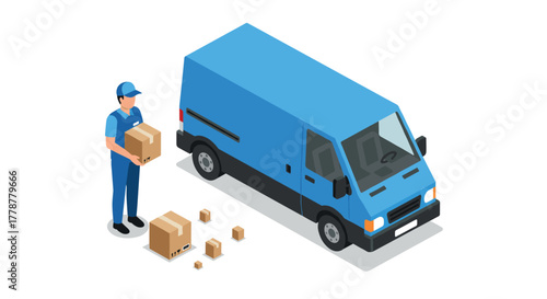 Delivery service concept with courier holding box near blue delivery van in isometric style
