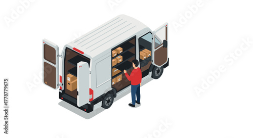 Delivery van with open doors and packages inside in isometric style