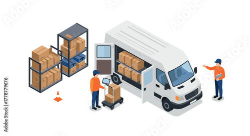 Isometric warehouse logistics with delivery van and workers managing packages