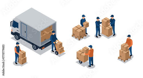 Isometric delivery team loading and unloading packages with truck
