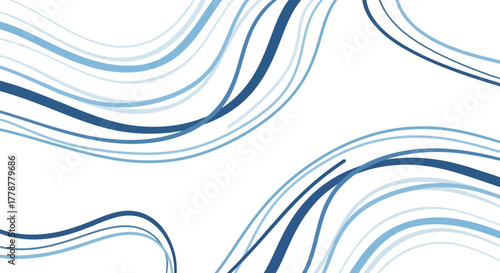 Blue wavy lines of varying widths and shades create a flowing pattern on a white backdrop