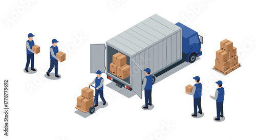 Efficient delivery team unloading boxes from a truck in isometric style