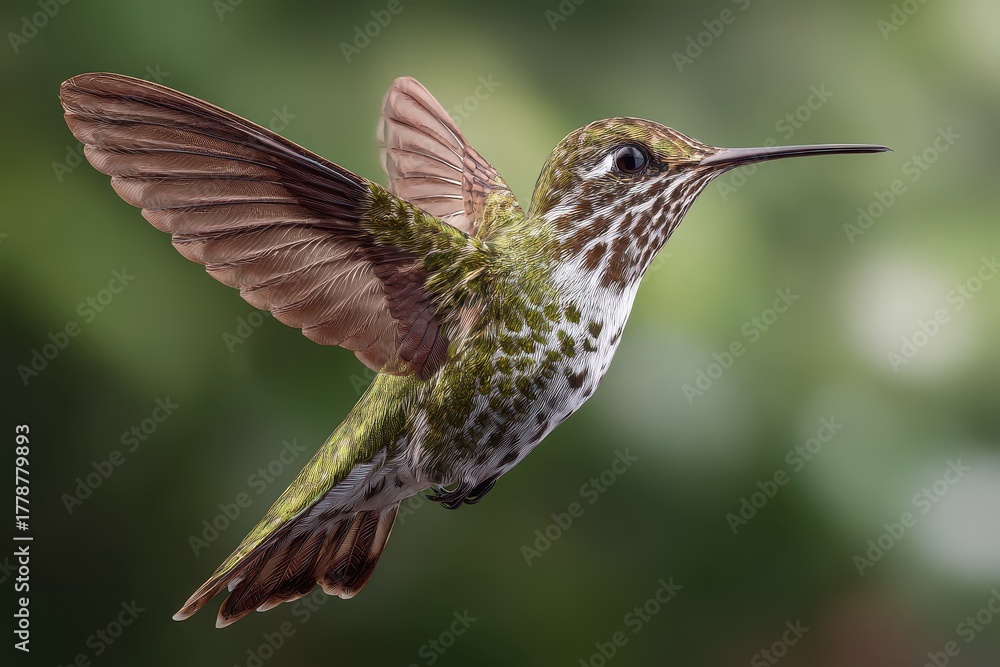 Obraz premium Hummingbird in flight against a blurred natural background showcasing its vibrant feathers and rapid wing movement during a sunny day in a lush garden
