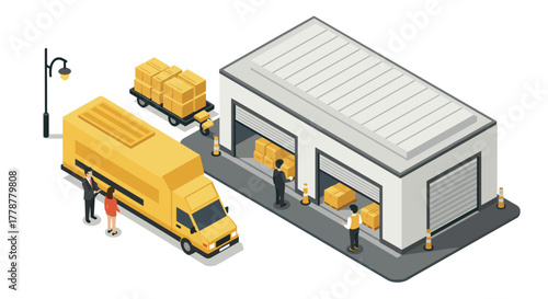 Isometric warehouse and delivery truck scene with workers and packages