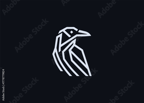 A stylized raven logo in fine line art, representing mystery, wisdom, and transformation, crafted with sleek contours for a creative modern vector illustration