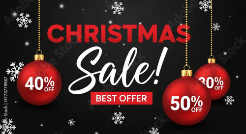 Christmas Sale Banner, Christmas Offer Template with Discount Tag, christmas offer sales banner 30% off, 40% off and 50% off, Christmas Sale Promo Banner. Holiday Background with Realistic Gift Box.