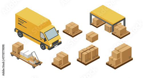 Isometric logistic elements delivery truck and warehouse packages in yellow theme