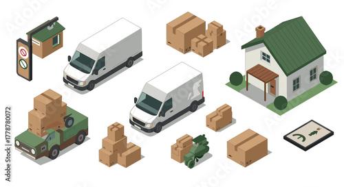 Isometric delivery set trucks, packages, and house for logistics design