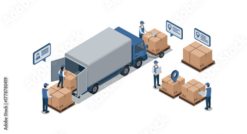 Isometric delivery service concept with workers loading and tracking packages on a truck