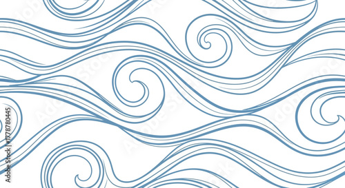 Flowing blue swirls and lines on a white background create an abstract wavelike pattern