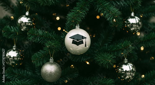 Christmas tree with graduation cap ornament, celebrating education and achievement during holiday season