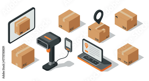 Isometric parcel tracking and shipping technology with boxes and devices