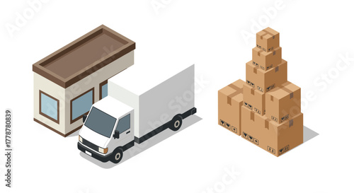 Isometric delivery scene with warehouse, truck, and stacked boxes in modern design