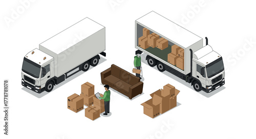 Isometric moving trucks and workers with boxes and furniture for transportation design